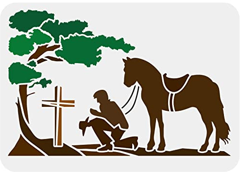 FINGERINSPIRE Kniend am Kreuz Schablone 29,7x21 cm Cowboy Kniend Betende Schablone Kreuz Pferdemuster Malschablone Wiederverwendbare Cowboy Pferdeschablone zum Malen auf Holz, Boden, Wand