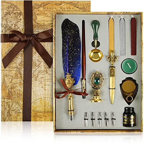 Sterneer Kalligraphie-Set: Vintage Federstift-Set mit Federn, Siegelstempel für Briefpapier - Geschenk (Blau)