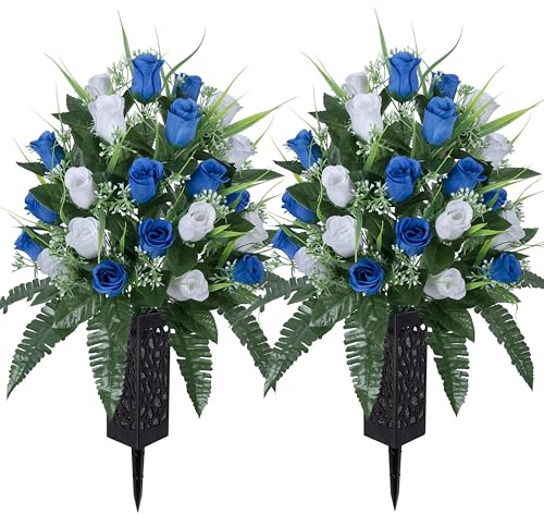 LVXINLI 2 Sets Artificial Cemetery Flowers,Outdoor Grave Decorations Roses,Beautiful Arrangements Bouquet with Cemetery Vase,Lasting and Non-Bleed Colors (White+Dark Blue)