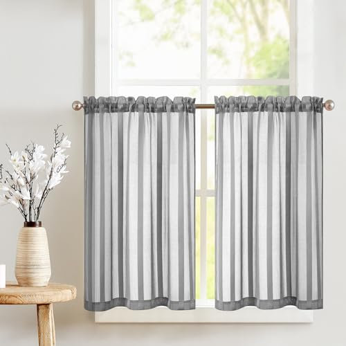 TOPICK Sheer Scheibengardinen Grau H 115 x B 90 (cm) 2er Set mit Tunnelzug Transparent Bistrogadine Landhaus Streifen Voile Küchenvorhang Gestreift Küchengardinen Paarig für Badezimmer Klein Fenster