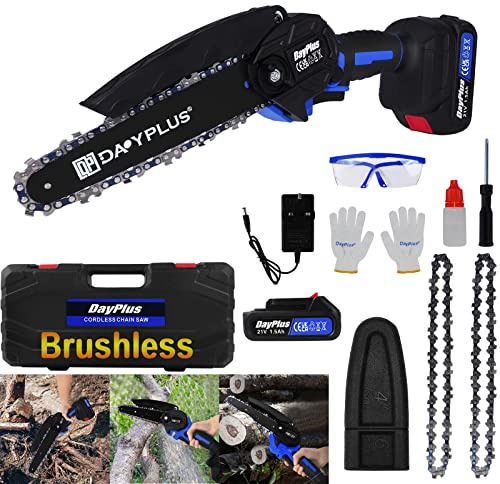 Cordless Mini Chainsaw Brushless, 6 Inch Portable Electric Chainsaw Handheld Chain Saw Pruning Shears Chainsaw with 1500mAh Battery & 2 Chains for Branch Wood Cutting Garden Tree Logging Trimming