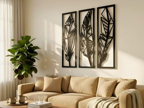 VAILLA Wand Deko Palmblätter Holz 3D – Wandbild Wanddeko Wohnzimmer Büro | MDF Sperrholz, Lasergeschnitten, Monstera Tropisch, 5 Größen, Grün Schwarz Gold, personalisierbar, 3er Set Küche Esszimmer