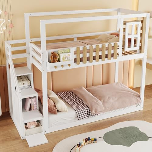 Dolamaní Hochbett Etagenbett 90 * 200, Doppelbett, Multifunktionales Kinderbett, mit Treppe, Fenster und Regalkasten,Kinderbett mit 3 Schließfächer in der Treppe