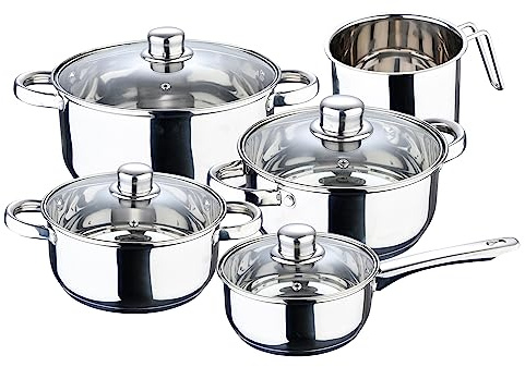Batería de cocina: cazo 16x7,5 cm (1,4L), cacerolas con tapa de 18x8,5 (2L), de 20x9,5 cm (2,9L), de 24x11,5 cm (5,1L) y lechera con pico 14x12,5 cm (1,9L), acero inoxidable, inducción