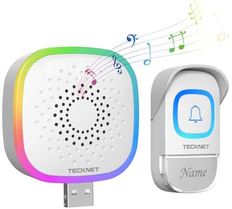 TECKNET Mini Wireless Doorbell, Battery Operated Doorbell with RGB Light, IP66 Waterproof USB Small Cordless Door Bells Chime Kit, 400M Wireless Range, 60 Chimes & 5 Level Volume