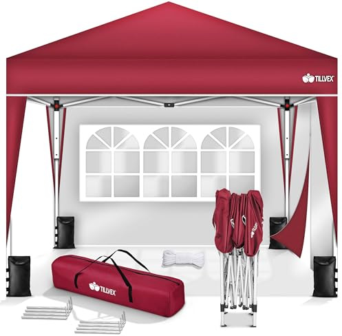 tillvex Gazebo Plegable Cenador 3x3m Impermeable | Pabellon de Jardin Pop-up Regulable en Altura | Carpa de jardín protección UV 50+ | Cenador de Fiesta con Bolsa (Rojo - con 2 Paredes)