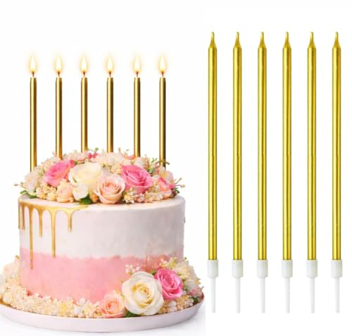 EXPBROZ Long Thin Gold Birthday Candles for Cakes, Pack of 12 Pieces Long Gold Party Candles with Candle Holders, Tall Candles for Wedding, Birthday, Party Decorations, Anniversary and Meetups