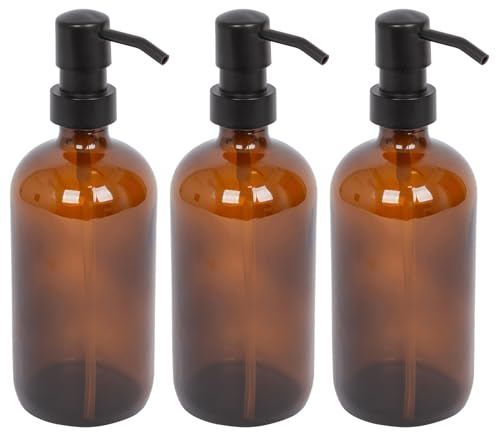 Harbour Housewares Amber Glass Soap Dispensers Pack of 3-500ml Refillable Bottles with Black Pumps - Bathroom and Kitchen Accessories for Hand Wash, Lotion or Washing Up Liquid