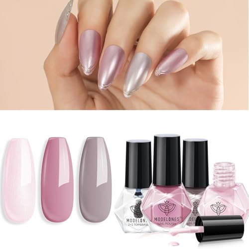 MODELONES Nagellack, 3 Farben Nude Grau Nagellack Schnelltrocknend Set, Base Coat und Remover Cotton Neutral Skin Tone für DIY Salon Geschenk für Frauen Mädchen