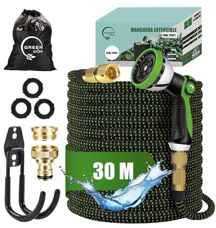 GREEN GOF Tubo da giardino Premium con ugello a spruzzo a 10 funzioni, leggero ed estensibile, con connettori in ottone, lunghezza 30 m. Alta resistenza con nucleo in lattice. Colore verde.