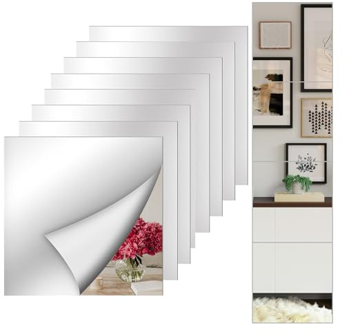 LYCRAFTS 8 Pack Acrylic Mirror Stickers Full Length 12 x 12 Inch Self-Adhesive Flexible Plastic Mirror Sheets for Walls Bedroom Living Home Decoration