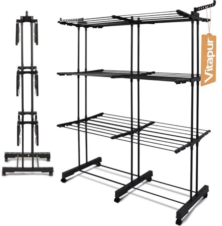 Vitapur Wäscheständer VertyDry Duo, Vertikaler Wäscheständer, 3-stufiger Turmwäscheständer Holz, Platzsparender Hoch Standtrockner für Balkon, XXL Wäschetrockner Ständer