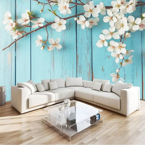 Venatura Del Legno Blu Carta da Parati Moderna Fiori di pesco in fiore 3D Murale Carta da Parati Decorazioni, Carta da Parati Fotografica 350x256 cm, Carta da Parati in Tessuto Non Tessuto