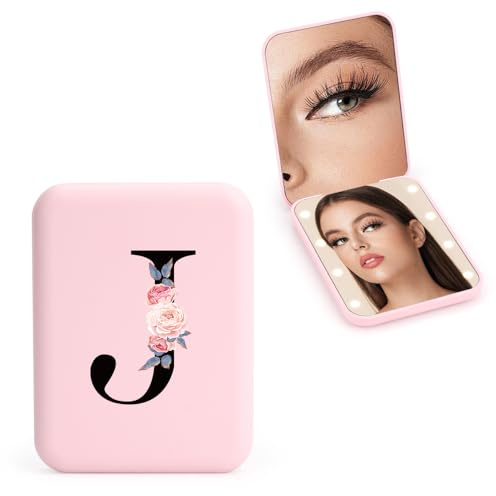 FIDWALL Personalisierter 1X/3X Reisespiegel mit Lichtern, LED Kompaktspiegel, Mini Schminkspiegel, Faltbarer Tragbarer Handspiegel, Initialen Taschenspiegel, Mädchen Freundin Lehrerin (J)