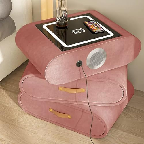 Charging Station Rotating Smart Nightstand with Drawers and Storage - Modern Bedside Table Desk with Leather Handle - Tall Side End Table for Bedroom - Bed End Cabinet with Charging Station