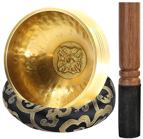 Klangschale Klein, Klangschalen Set, Tibetische Klangschale, Singing Bowl, Handgehämmert in Nepal für Meditation Zubehör, Mini Klangschale mit Ringkissen und Holzklöppel (8 CM)