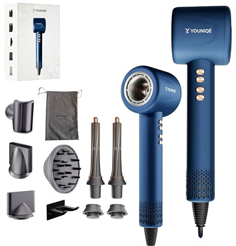 YOUNIQÉ Haartrockner – 5-in-1 Föhn mit Ionen-Technologie, Lockenstab, Glättdüse, Diffusor & Konzentrator – 1600W, LED-Anzeige, 4 Temperaturstufen, Magnetaufsätze – Ergonomisch – Blau/Gold