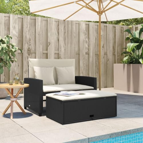 IKAYAA Rattan Lounge, Gartensofa 2 Sitzer, Balkon Lounge Klein, Gartensofa, Rattan Sofa mit Schlaffunktion, Gartensofa mit Hocker mit Stauraum, Balkon Couch,Schwarz und Creme