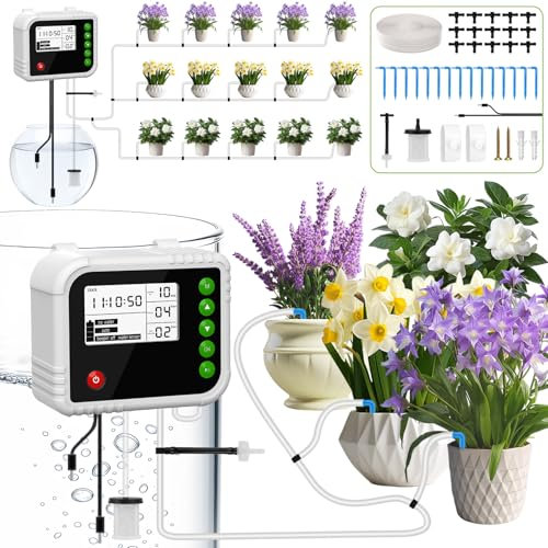 Automatic Watering System Indoor, Automatic Drip Irrigation Kit for 15 Potted Plants, Indoor Drip Irrigation System with Multiple Timed Watering Programmes for Holiday Plants Watering