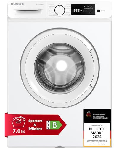 Telefunken Waschmaschine 7kg | Frontlader 1200 U/Min. | Inverter Motor - Leise & Effizient | AquaStop - Schutz vor Wasserschäden | Schontrommel | Washing Machine | 15 Programme | EEK B | W-7-1200-B-W