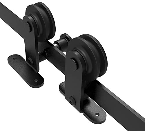 Kit de riel para puerta corredera de 294 cm, resistente con colgador de rodillo en forma de T, kit de doble puerta (riel individual)