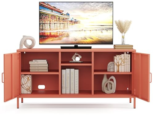 furni24 Metall TV-Schrank – Retro TV Lowboard – Möbel mit Türen und verstellbaren Ablagen – Robuste und stilvolle Aufbewahrungslösung für das Wohnzimmer- mit 3 Regalen, Lachsfarben