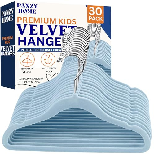 Panzy Home 30 Pack Kids Velvet Clothes Hangers, Non-Slip Clothes Hangers for Infant and Toddler, Ultra-Slim Space Saving for Nursery Closet Organisation