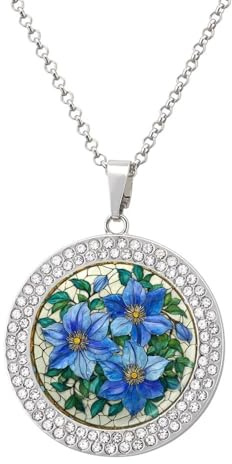 Jubonexis Stained Glass Blue Clematis Flowers Round Pendant Necklace Silver Jewelry for Women
