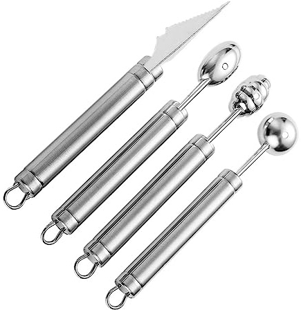 JECOMPRIS 4 pezzi Cucchiai Scavino per Frutta Acciaio Inossidabile Paletta Melone con Taglierina Intagliata Ergonomico Antiscivolo per Uso e