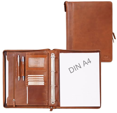 ALMADIH A4 Dokumentenmappe echt Leder mit Schreibblock BD Ledermappe Ringbuchmappe Mappe Schreibmappe Organizer Terminkalender Aktenmappe Konferenzmappe (Braun Deluxe)