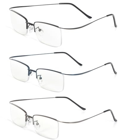 KoKoBin 3er-Pack ultraleichte Lesebrille mit rechteckig Metall Halbrand-Lesebrillen Blaulichtfilter für Damen und Herren