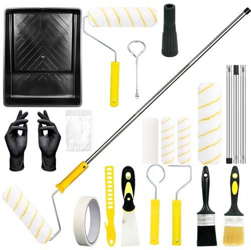 18PCS Paint Roller Set, Paint Tray Set with 9 & 4 Inch Roller Frame & Sleeves, Extension Pole Paint Tray Paint Brush Paint Stirrer Home Decorating Kit for Painting Walls Ceilings Doors Trim