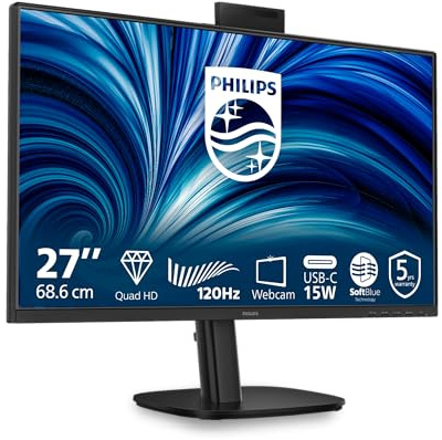PHILIPS Monitor 27B2N3500JH 27 pollici 2560x1440, WQHD, 120Hz, IPS Panel, 4ms GtG, USB HubWebcam, Speakers, Height Adjustment, (HDMI2x 2.1 TMDS DP 1x 1.2) Nero