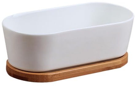 CORHAD Vaso per Fiori in Ceramica Bianca Rettangolare con Foro di Drenaggio, Set da 2 Vasi per Piante Grasse e Bonsai con Vassoio in Bambù, Fioriera Decorativa per Interni, Balcone
