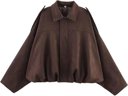 Women's Faux Suede Bomber Jacket Casual Pilot Coat Oversized Spring Fall Batwing Long Sleeve Streetwear Outwear
