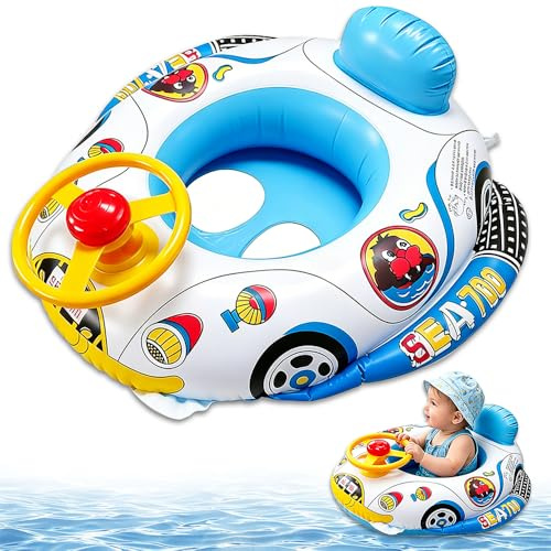 RNPKZ Baby Swimming Float, Kids Car Boat Swim Ring with Steering Wheel & Horn, Inflatable Baby Pool Float with Safety Bottom Support, for Toddlers Children Age of 3-36 Months and Swim Trainging (Blue)