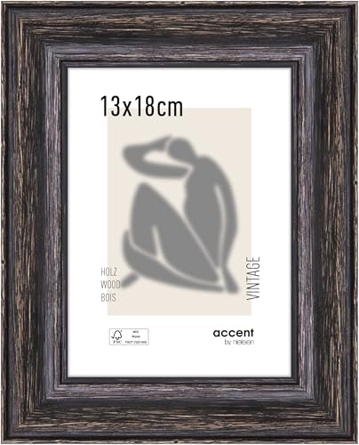 accent by nielsen Holz Bilderrahmen Vintage, 13 x 18 cm, Schwarz | Holz Fotorahmen im Hoch- & Querformat zum Auftstellen und Aufhängen Schwarz gebürstet Echtglas