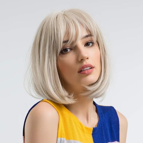 HAIRCUBE Charming Creamy White Kurze Bob Perücken mit Pony Synthetische Hitzebeständige 12 Zoll Perücken für Frauen