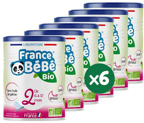FRANCE BéBé BIO - Lait infantile de suite bébé 2ème âge en poudre - Lait fabriqué en France - 13 Vitamines 12 Minéraux - Pack 6 boîtes de 400g