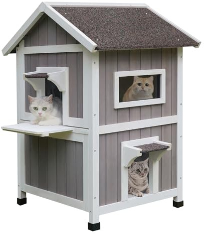 HiCaptain Casa per gatti selvatici resistente alle intemperie, rifugio in legno per gatti randagi all'aperto, cuccia gatto esterno grande a 2-4 piani con balcone e porta di fuga