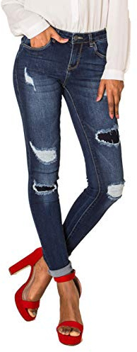 Nina Carter P100 Damen Skinny Fit Jeanshosen S-3XL Low Waist Jeans Destroyed-Effekten Used-Look Waschungseffekt, Dunkelblau (P100), S