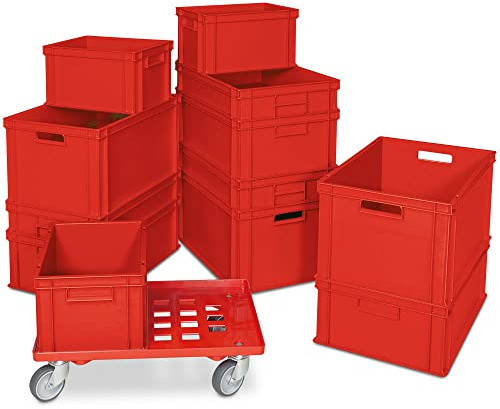 Lot de 12 boîtes empilables Euro rouges en 4 tailles + 1 chariot de transport gratuit