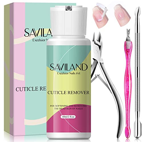 Saviland Upgraded Cuticle Remover Tools Set, 60ml Cuticle Remover Liquid with Cuticle Cutter, Cuticle Trimmer, Cuticle Nipper and Cuticle Pusher, Nail Care Kit for Cuticle Care