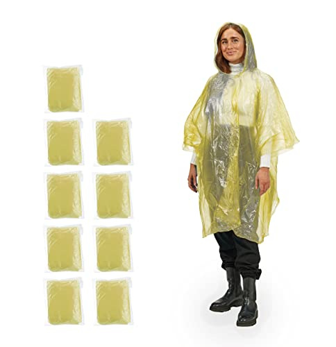 Relaxdays Regnponcho engångsbruk, set om 10, engångsregncape med huva, för vuxna, nödponcho kvinnor och män, gul