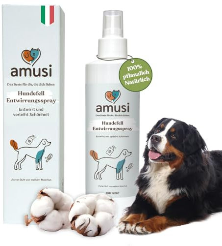 amusi Fellpflege Hund 250ml - Entfilzungsspray Hunde hypoallergene Formel auf Basis von Pflanzenölen, Hundeparfüm - Fellspray Hund und nährende Wirkung für alle Felltypen, antistatische Wirkung