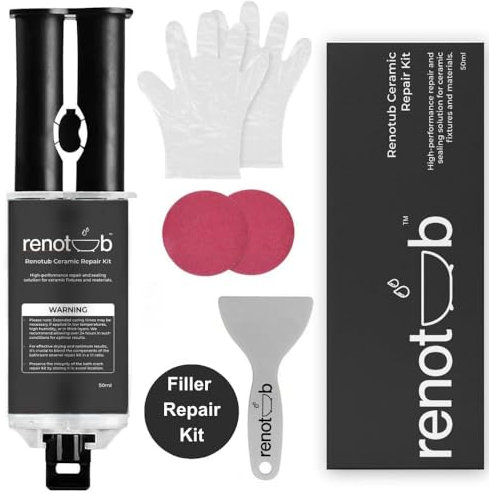 Renotub Premium Enamel Repair Filler Kit White 50ml For Ceramic Porcelain Bath, Sink, Tub, Toilet, Shower Tray & Fibreglass - Chip & Pedestal Crack Hole Scratch Repair