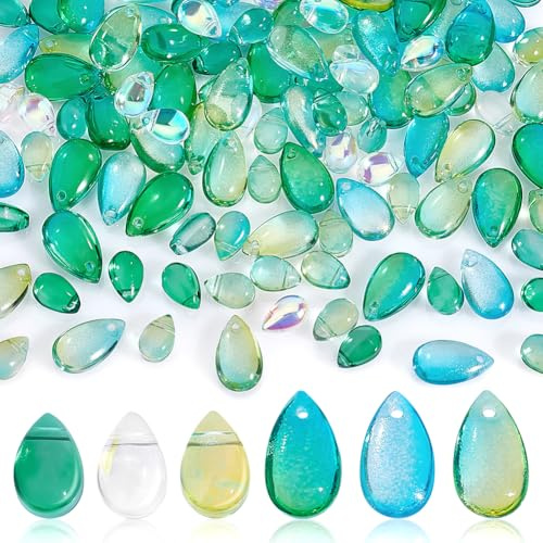 AHANDMAKER 120 Stück Tropfenförmige Glasperlen, 6 Farben Transparente Kristallperlen, Lose Perlen, Oben Gebohrte Wassertropfen-Glasperlen Für St. Patrick'S Day DIY Armbänder Halskette, 13.5x8mm/9x6mm
