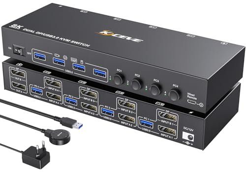 Conmutador KVM USB 3.0 DP 2 Monitores 4 Computadoras, YOUTINGHDAV KVM Swich Dual Monitor Displayport 4 Computadoras Compartir Teclado de Ratón, con Control Remoto con Cable