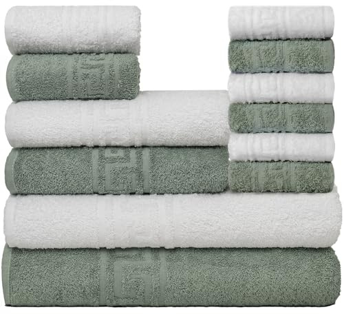 nice homeit Set di Asciugamani 12 Pezzi - Asciugamani da Bagno, Viso, Bidet, Doccia e Ospiti in 100% Cotone - Morbidi, Anti-Pilling, Super Assorbenti, Made in Italy. Bianco Verde
