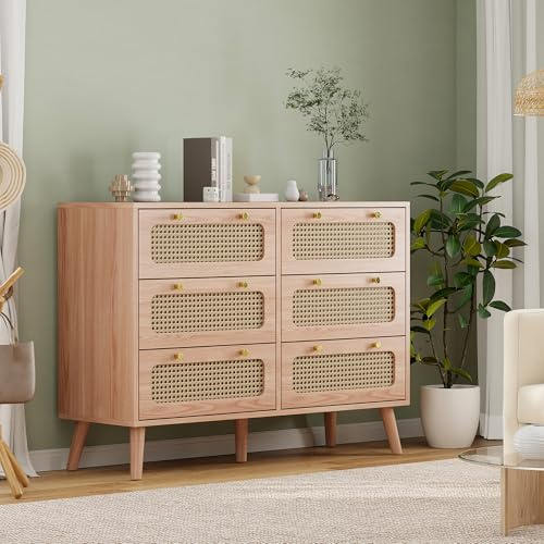 BHFFTHK Kommode mit 6 Schubladen 100x34x73 cm Rattan Sideboard Schubladenschrank aus Holz mit Metallgriffen Schubladenkommode für Schlafzimmer Wohnzimmer Flur Komodenschrank
